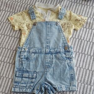 Disney Baby Shirt Pooh Tiger Piglet + Wonder Nation Denim Short Overalls Sz 3/6m
